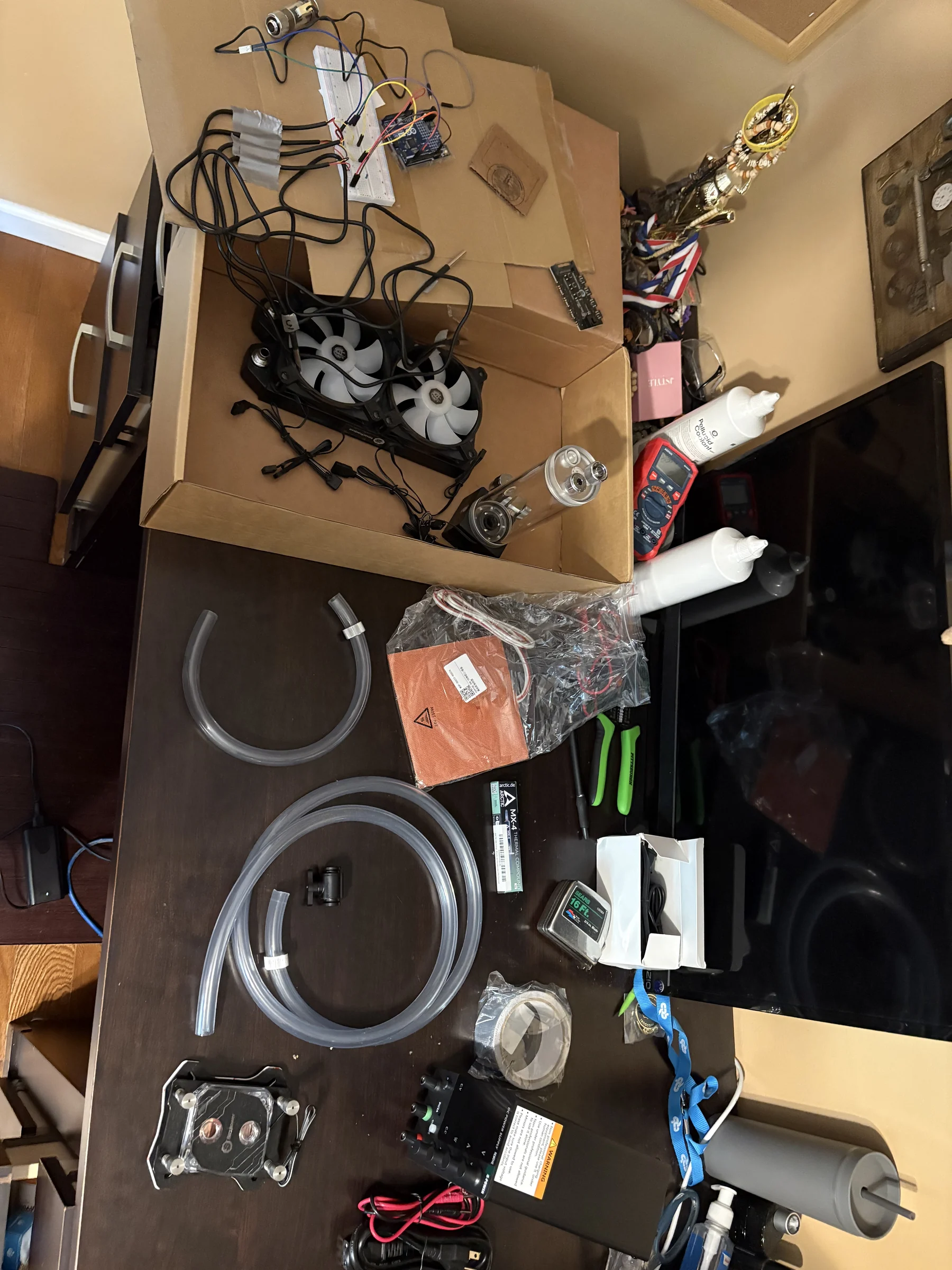 Components and prototype setup for Alex's electronics liquid-cooling test bench