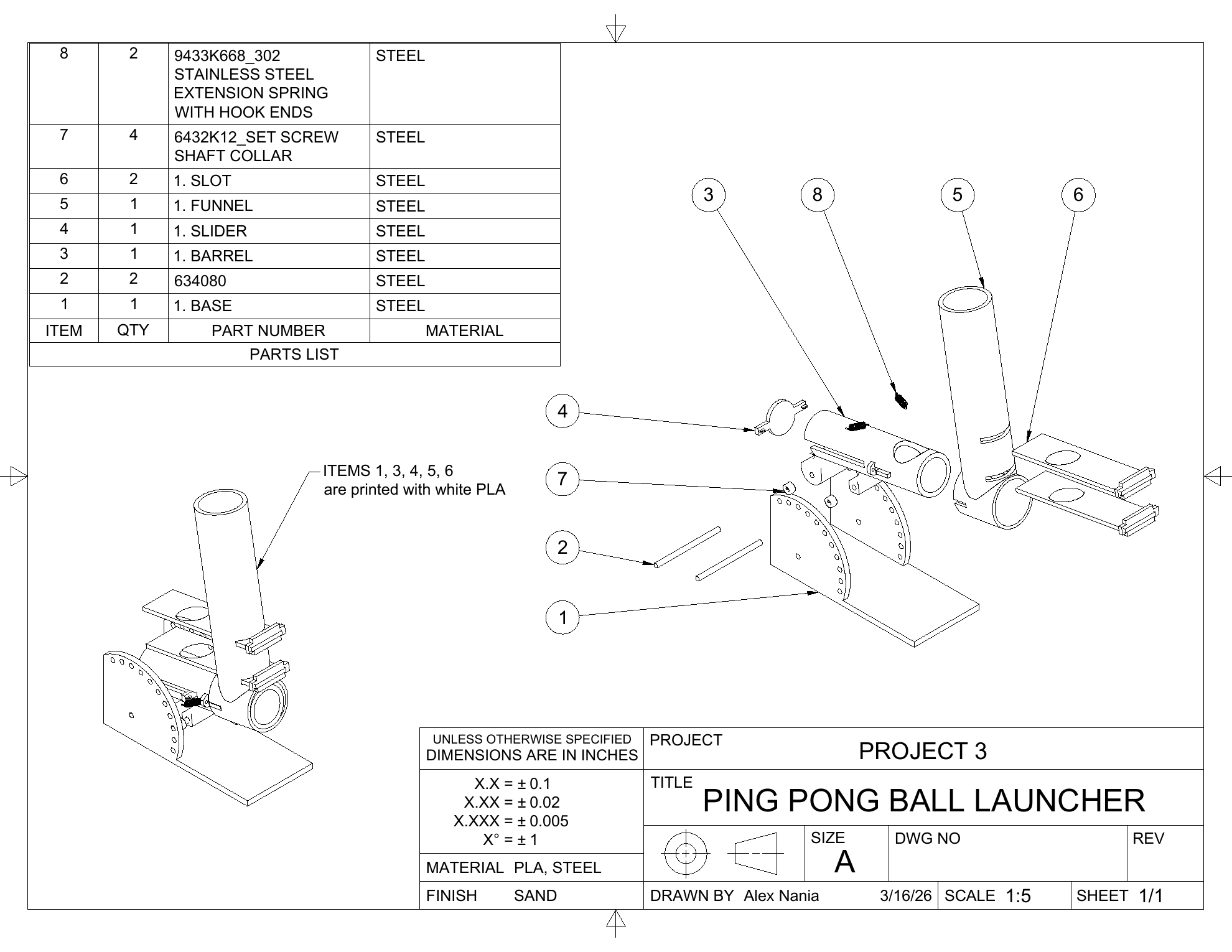 Exploded assembly drawing of the ping pong ball launcher